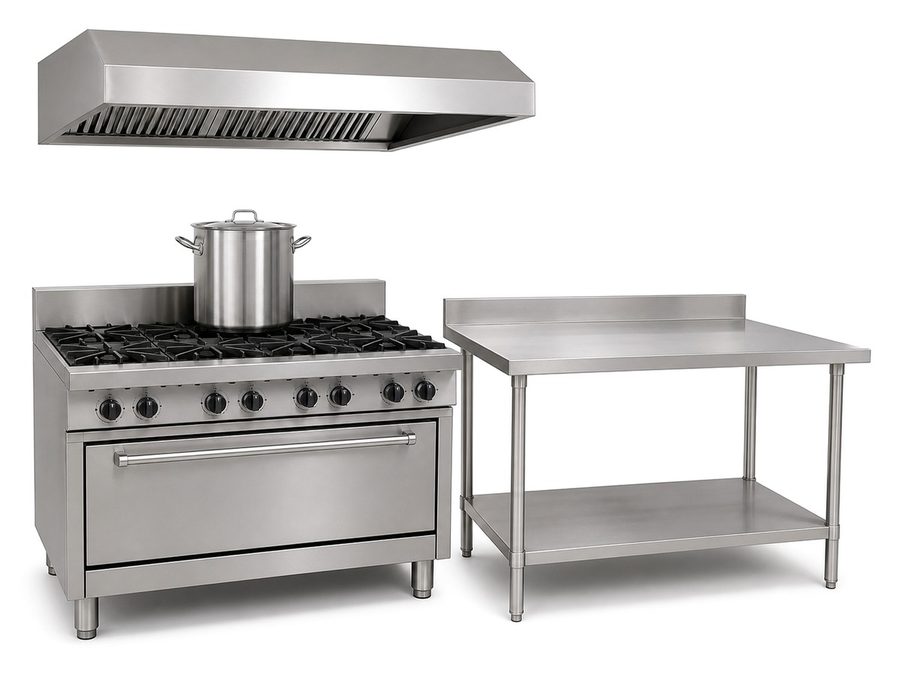 Industrial kitchen range and stainless steel work table