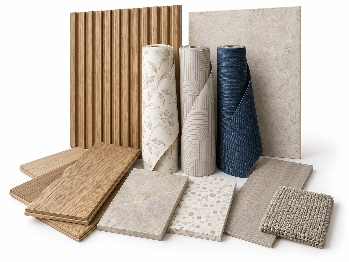 Wall panels, wallpaper rolls, tiles and flooring samples